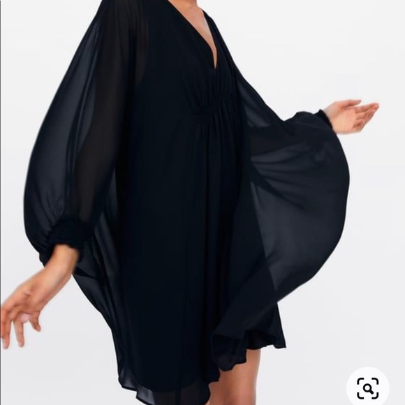 Zara Black V-Neck Cape Style Gathered Flowy Dress - Picture 2 of 14